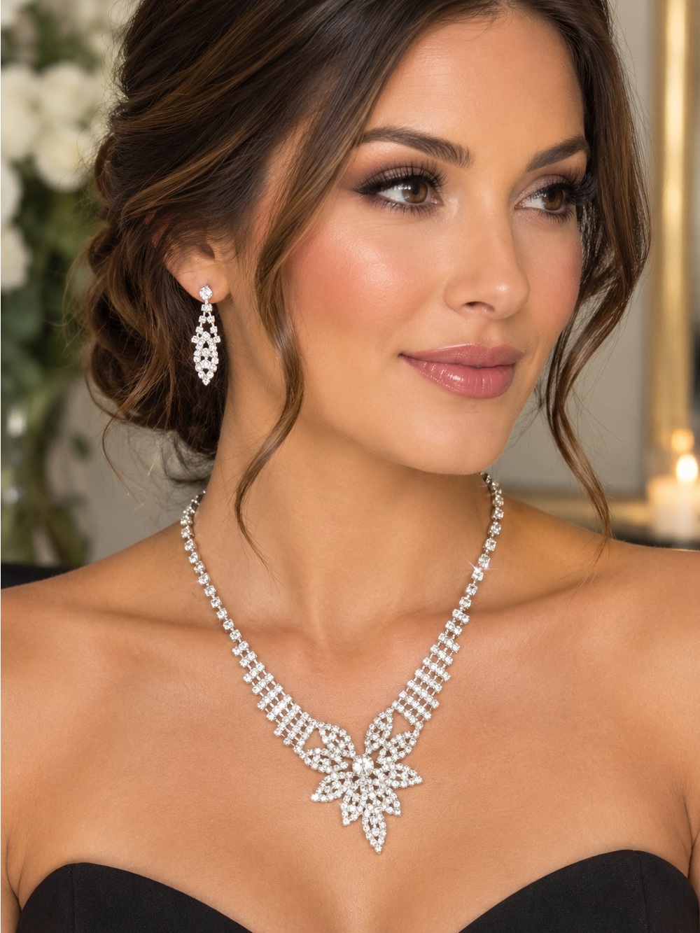 Silver-Tone formal Necklace and Clip-On Earrings Set
